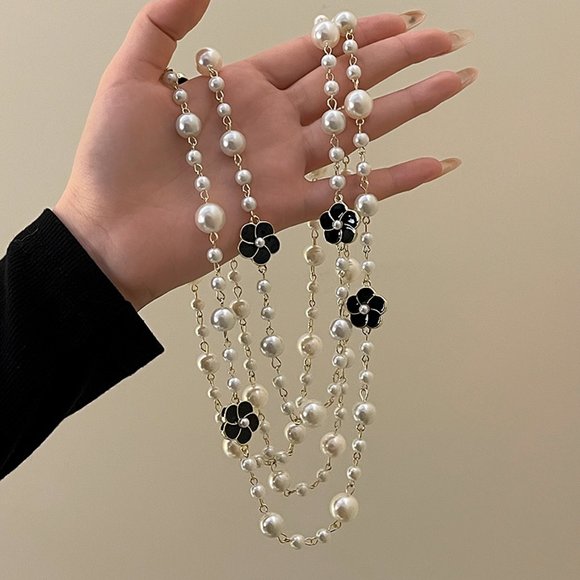 GOLICC Double Layer Long Flower Pearl Necklace - Picture 6 of 7